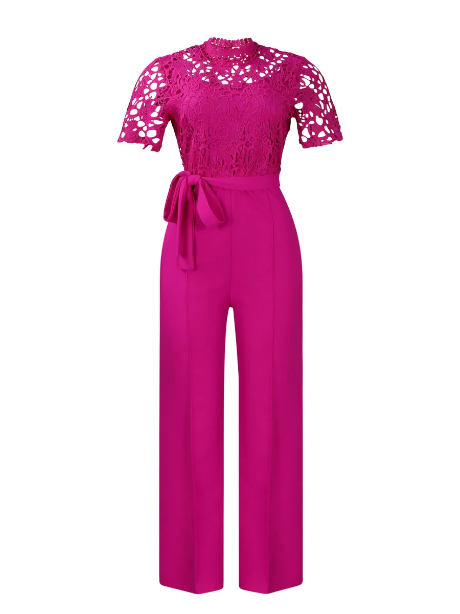 Lace Trim Hollow Short Sleeve Bandage High Waist Wide Leg Jumpsuits - Image 20