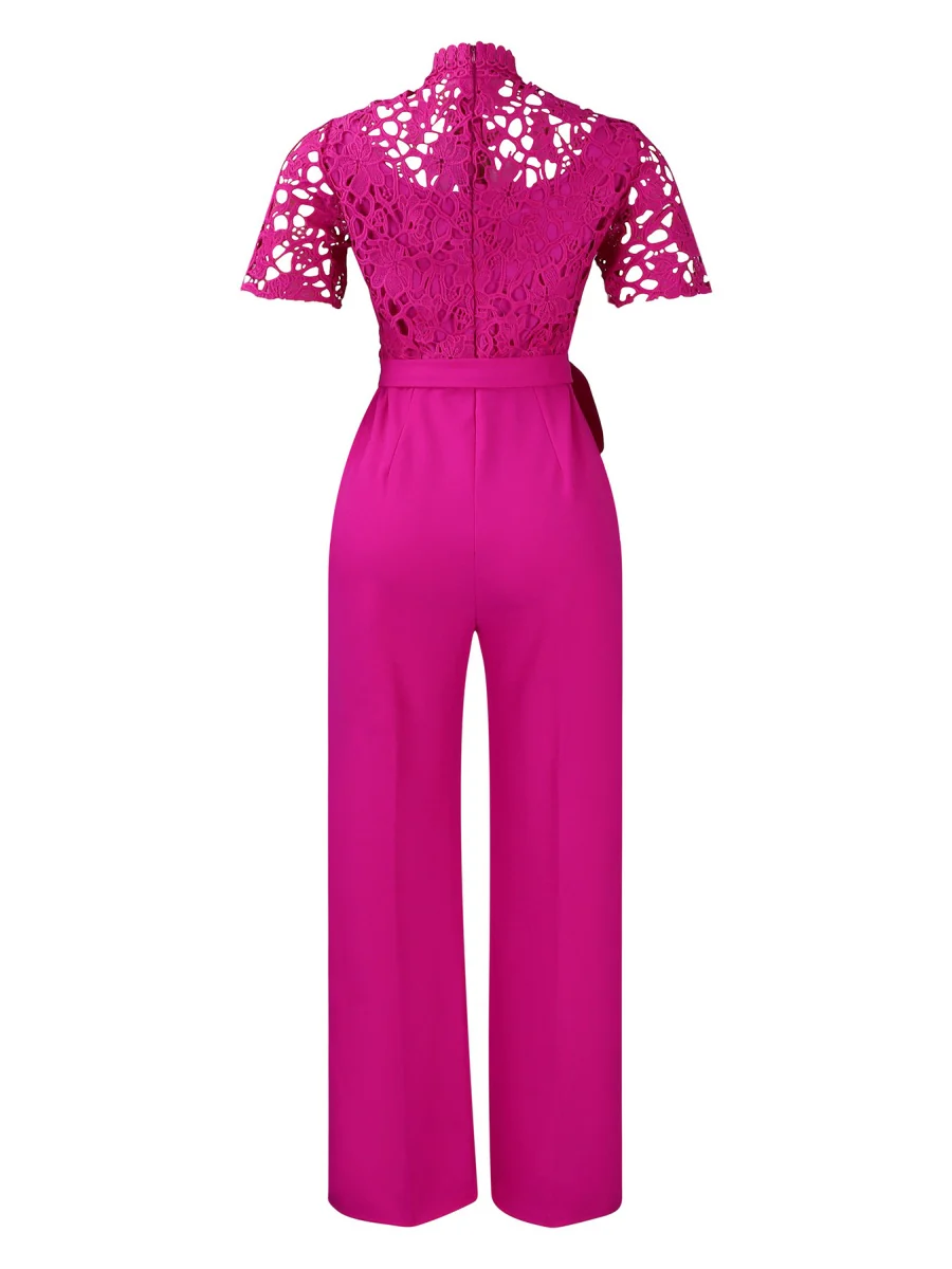 Lace Trim Hollow Short Sleeve Bandage High Waist Wide Leg Jumpsuits - Image 21