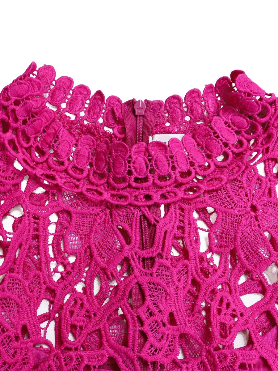 Lace Trim Hollow Short Sleeve Bandage High Waist Wide Leg Jumpsuits - Image 22