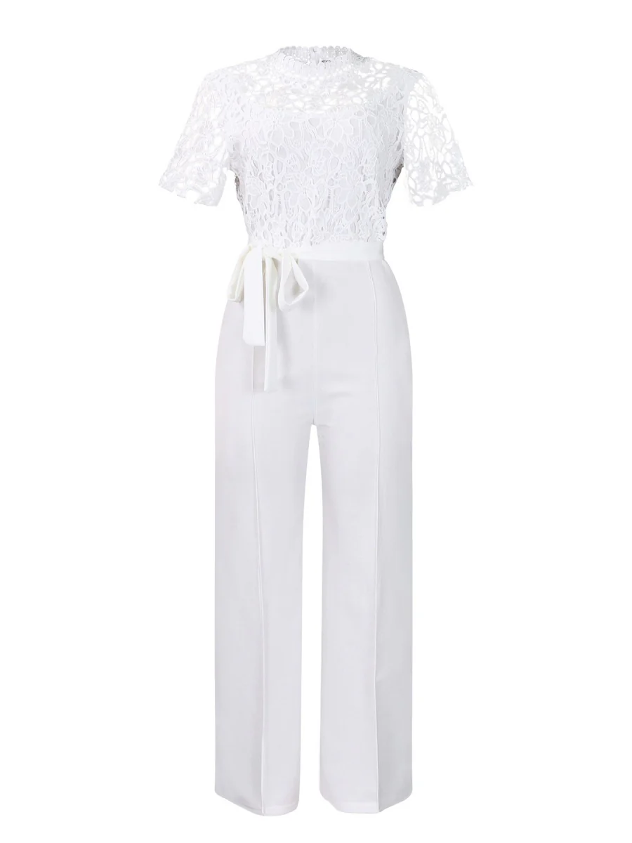 Lace Trim Hollow Short Sleeve Bandage High Waist Wide Leg Jumpsuits - Image 25