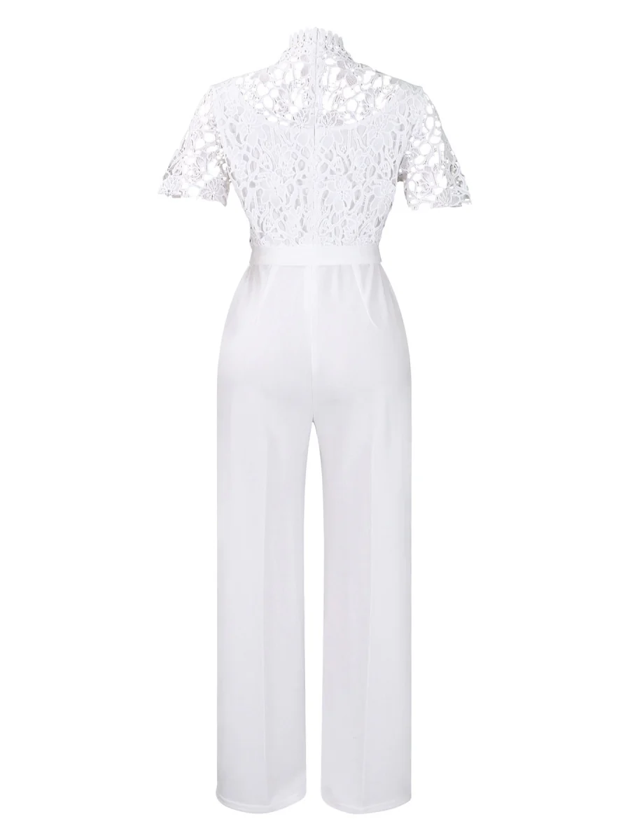 Lace Trim Hollow Short Sleeve Bandage High Waist Wide Leg Jumpsuits - Image 26