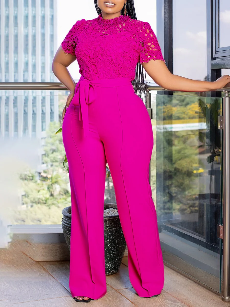 Lace Trim Hollow Short Sleeve Bandage High Waist Wide Leg Jumpsuits - Image 3