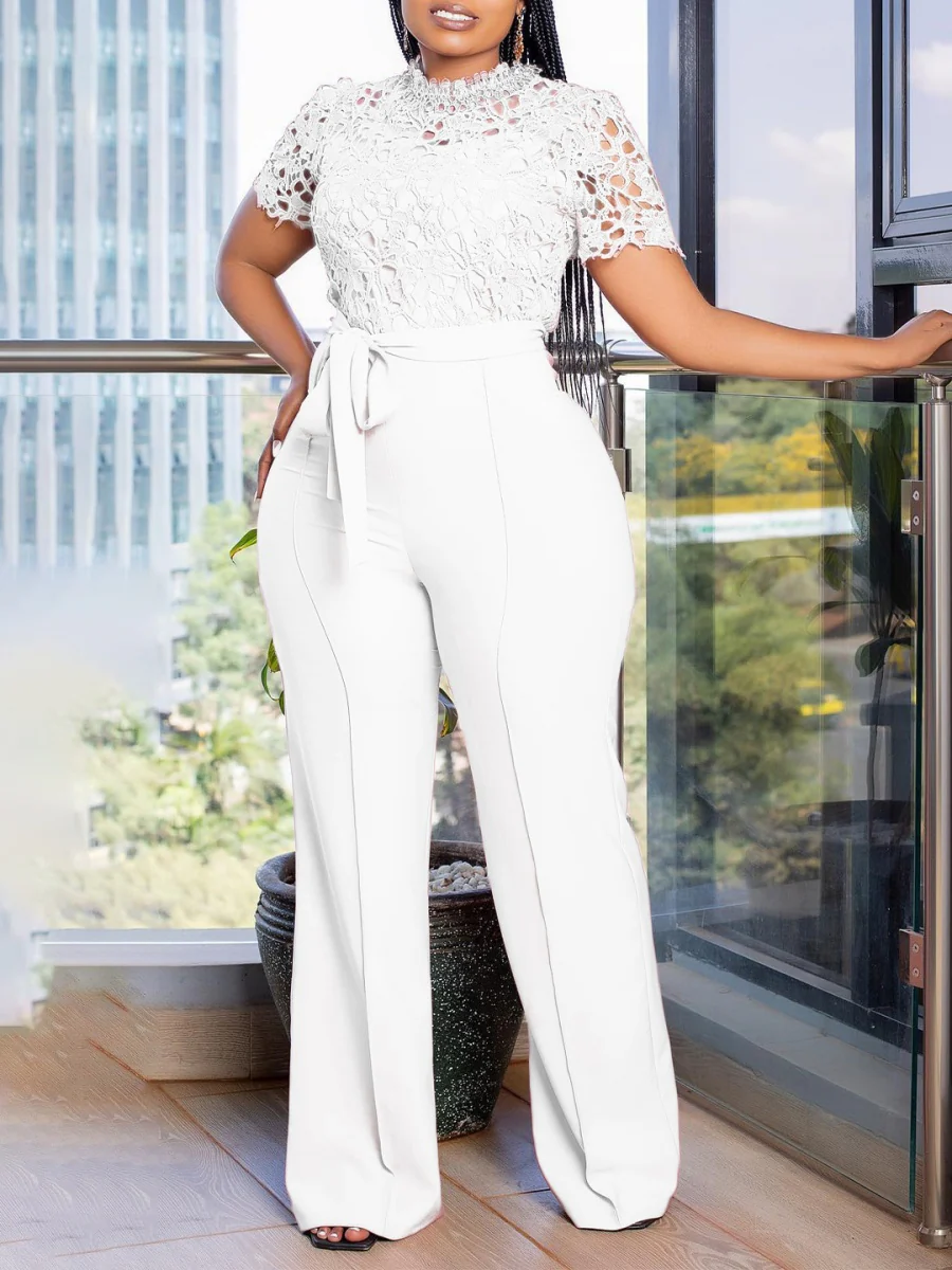 Lace Trim Hollow Short Sleeve Bandage High Waist Wide Leg Jumpsuits - Image 4