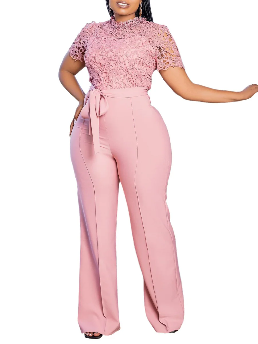 Lace Trim Hollow Short Sleeve Bandage High Waist Wide Leg Jumpsuits - Image 5