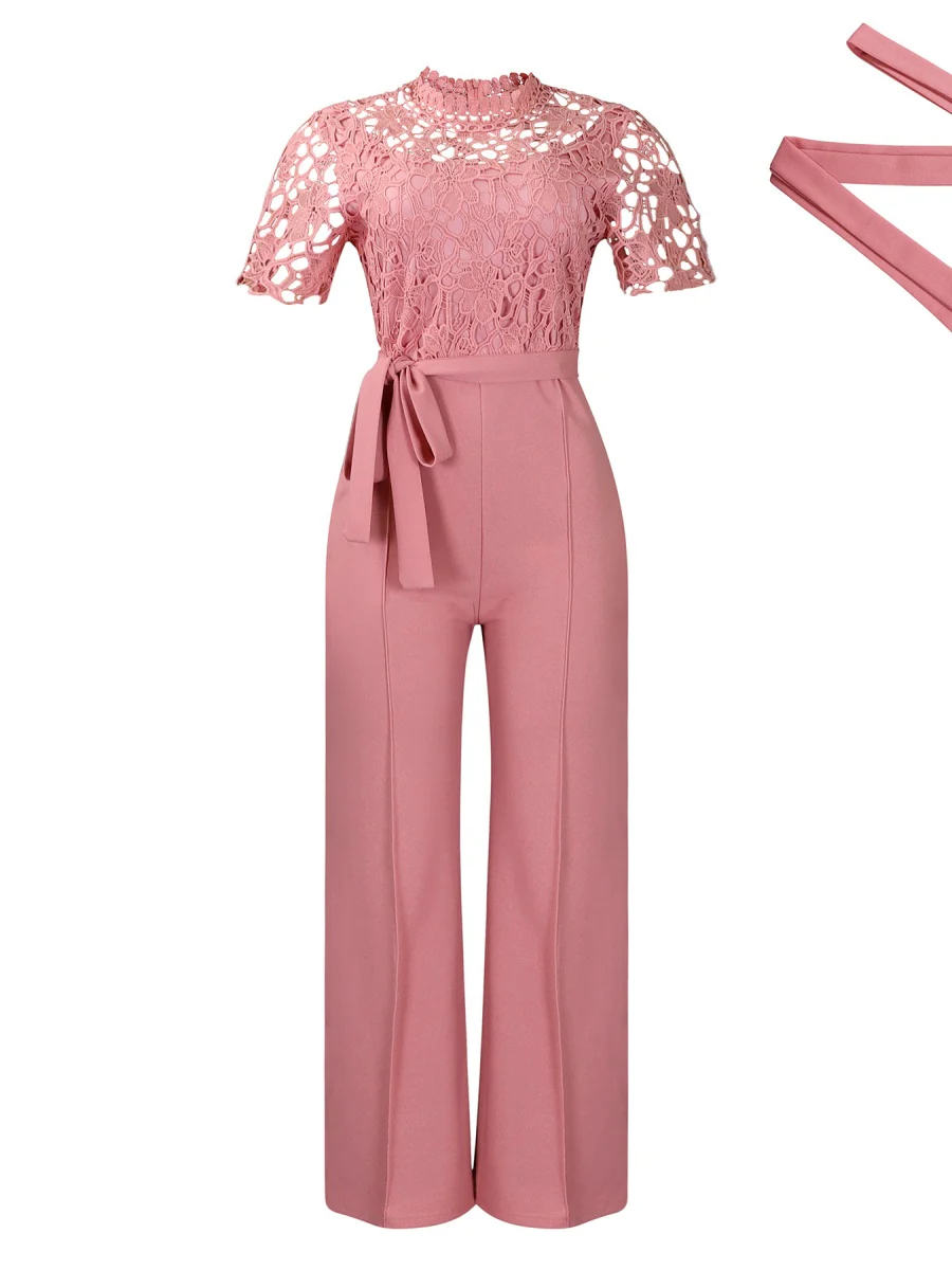 Lace Trim Hollow Short Sleeve Bandage High Waist Wide Leg Jumpsuits - Image 7