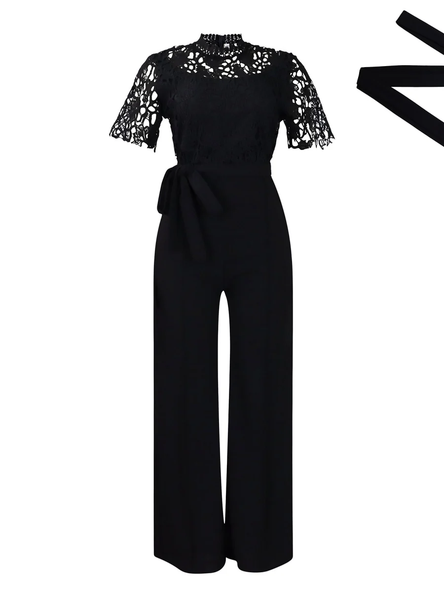 Lace Trim Hollow Short Sleeve Bandage High Waist Wide Leg Jumpsuits - Image 8