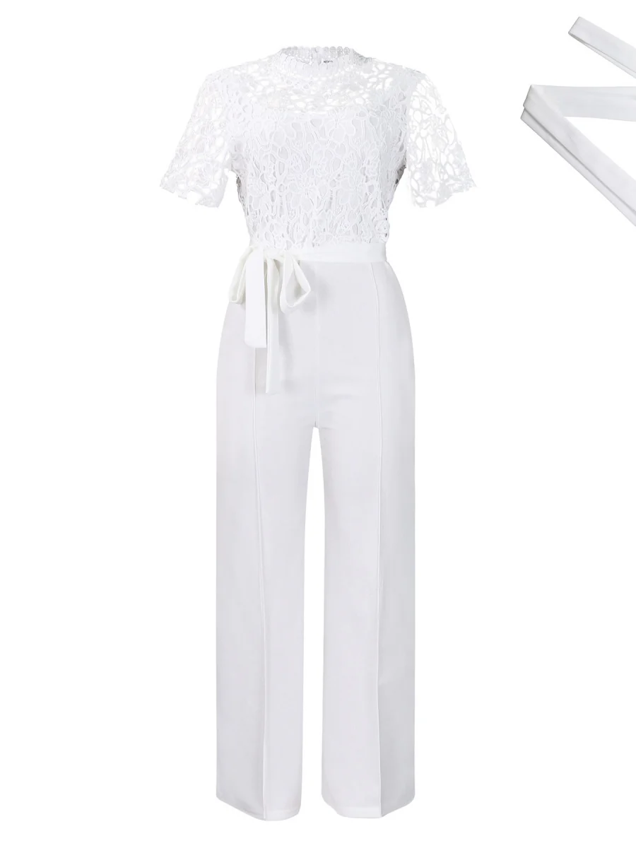 Lace Trim Hollow Short Sleeve Bandage High Waist Wide Leg Jumpsuits - Image 9