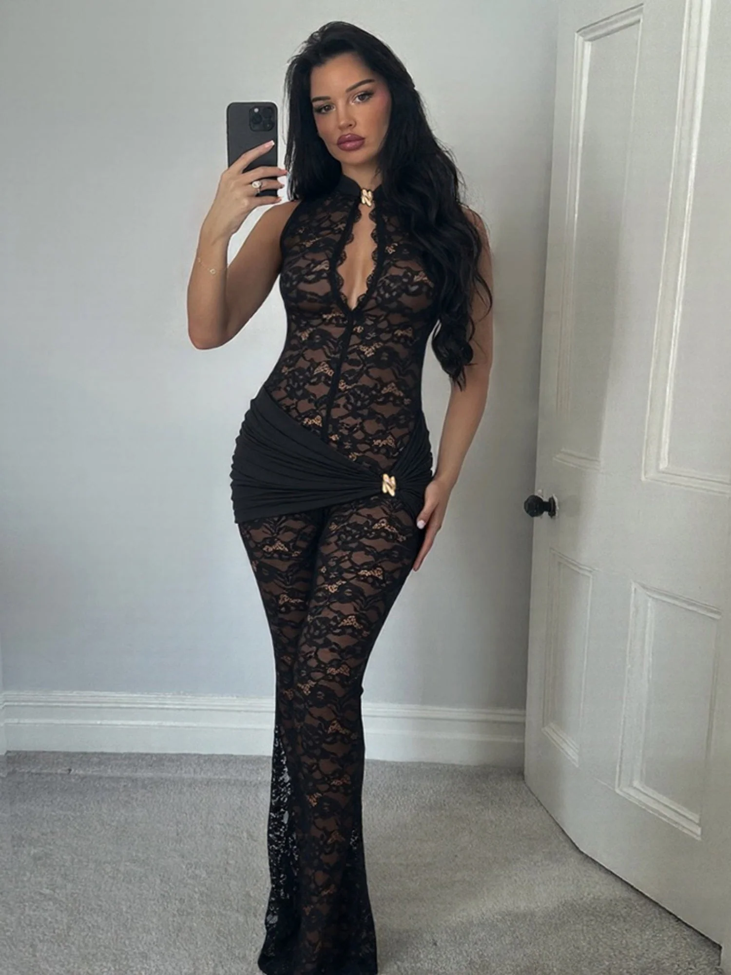 Lace Patchwork Sleeveless Sexy High-waisted Slim Fit Flares Buttons Jumpsuits&Bodysuits - Image 4