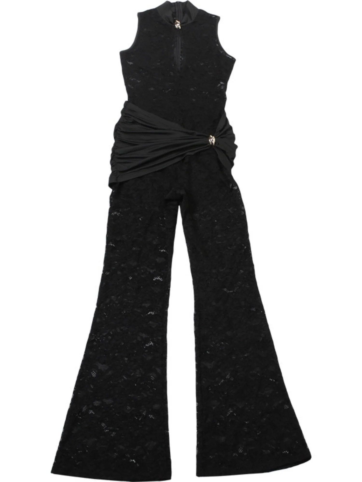 Lace Patchwork Sleeveless Sexy High-waisted Slim Fit Flares Buttons Jumpsuits&Bodysuits - Image 5