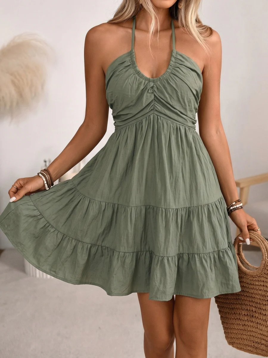 Halter V-neck Drawstring Loose-fit Vacation Maxi Dresses - Image 19