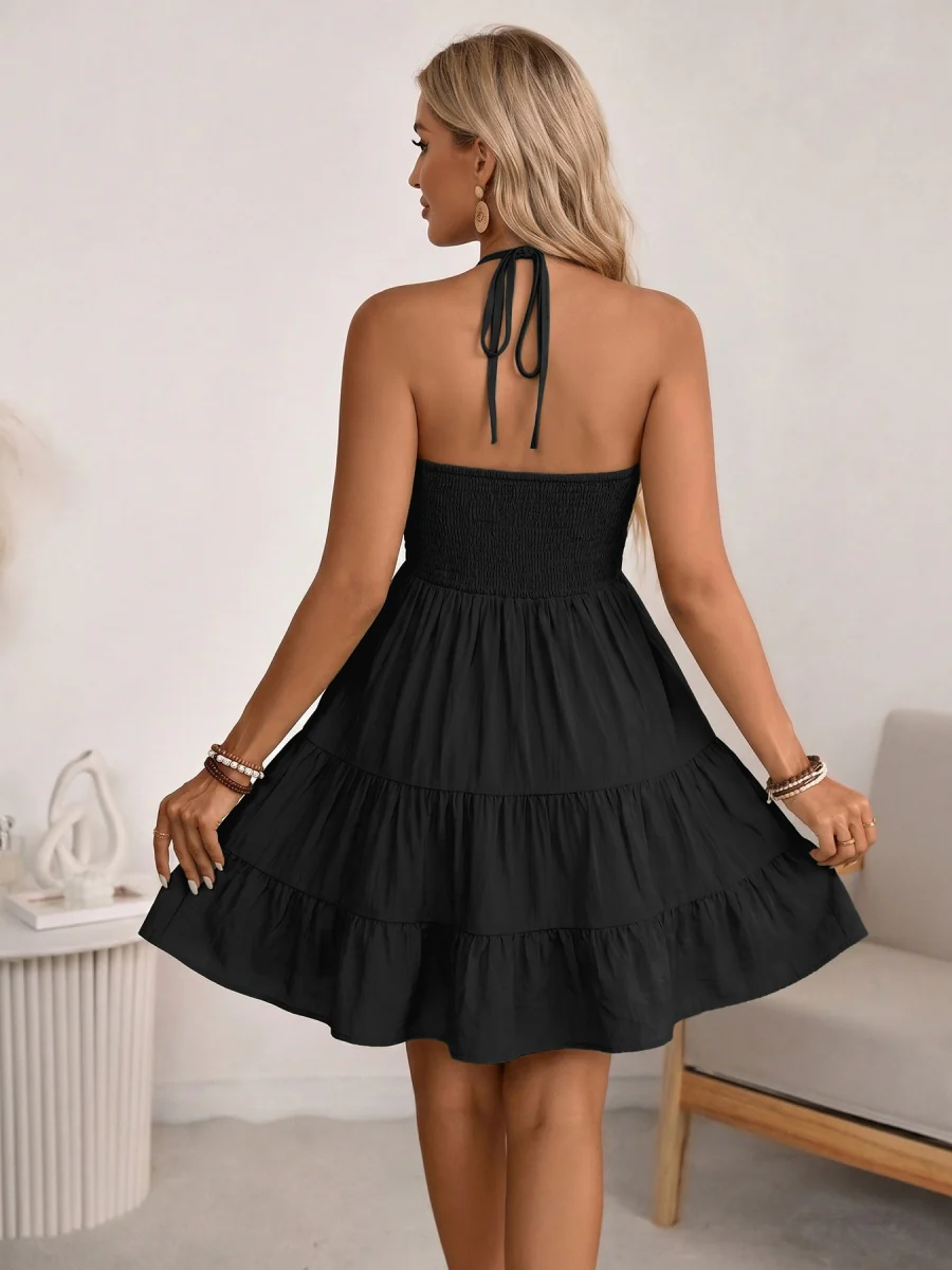 Halter V-neck Drawstring Loose-fit Vacation Maxi Dresses - Image 27