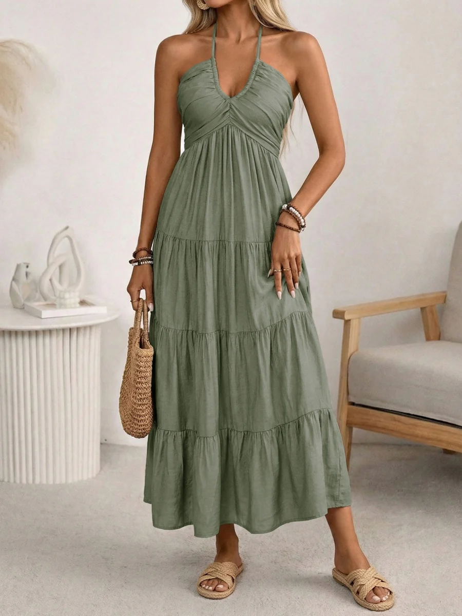 Halter V-neck Drawstring Loose-fit Vacation Maxi Dresses - Image 3