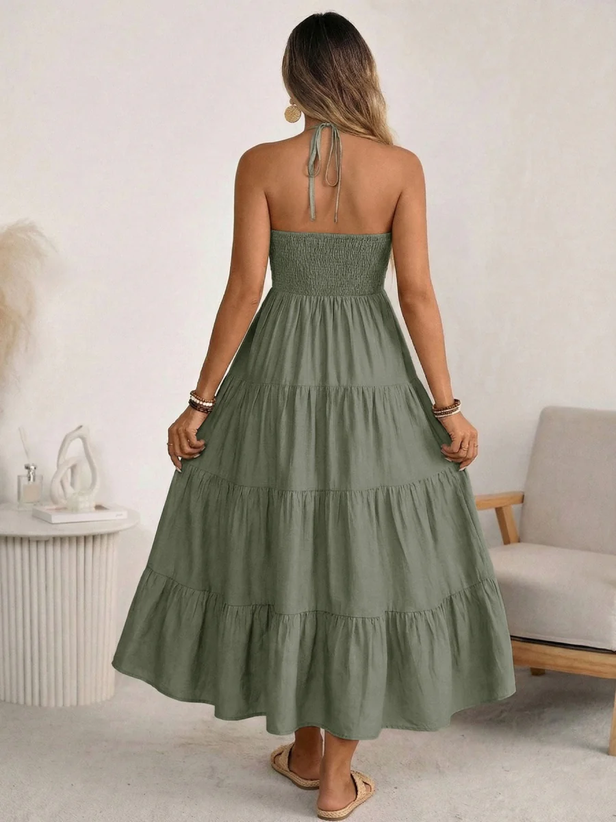 Halter V-neck Drawstring Loose-fit Vacation Maxi Dresses - Image 4