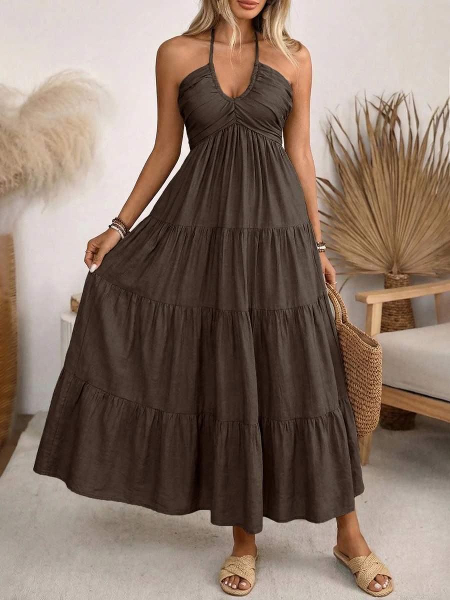 Halter V-neck Drawstring Loose-fit Vacation Maxi Dresses - Image 7