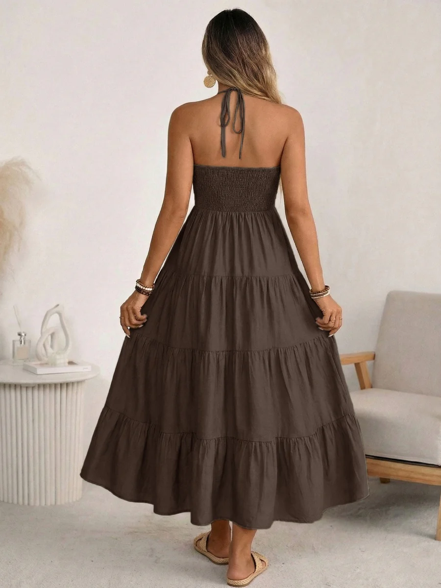 Halter V-neck Drawstring Loose-fit Vacation Maxi Dresses - Image 9