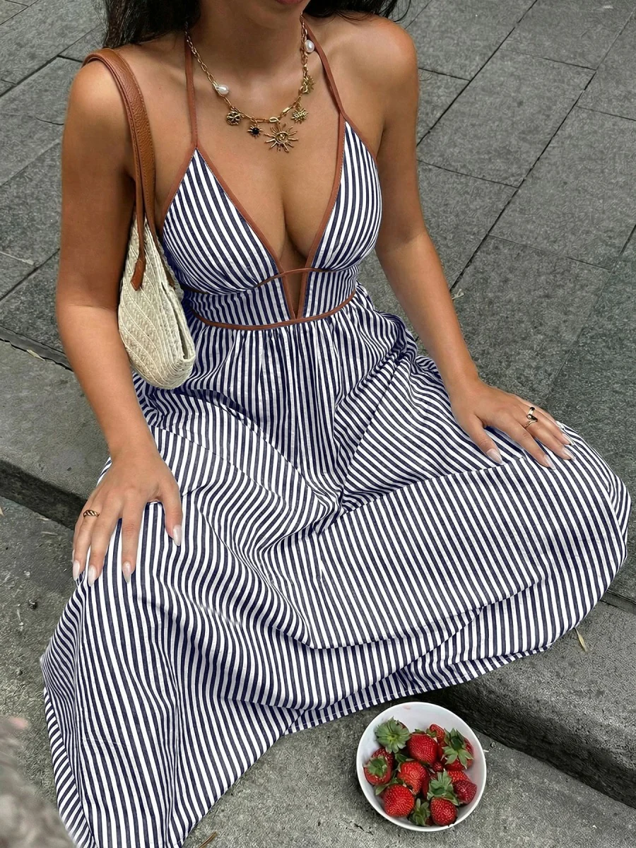 Stripes Color-blocked Splicing V-neck Hollow Maxi Dresses - Image 18