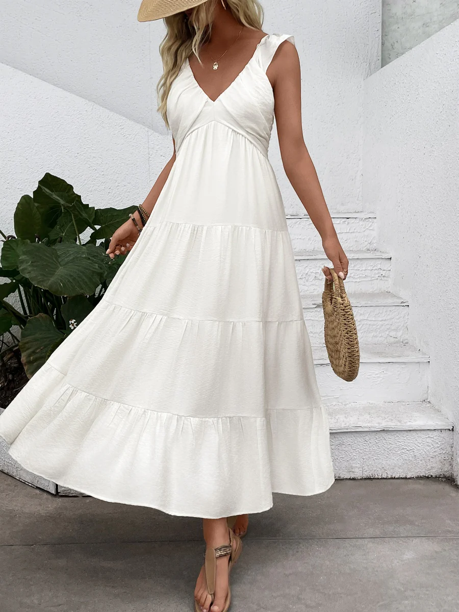 V-neck Pleats Comfort Gentle Maxi Dresses - Image 5