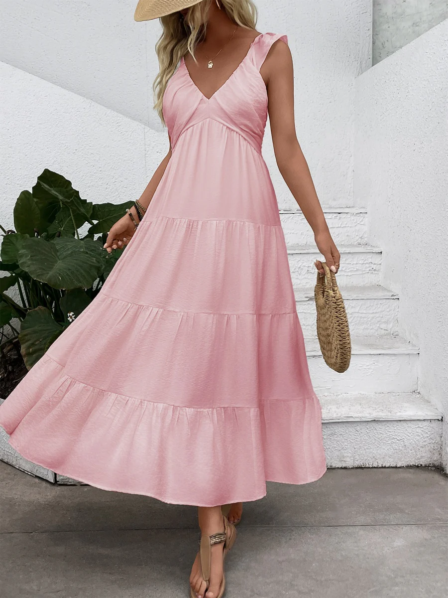 V-neck Pleats Comfort Gentle Maxi Dresses - Image 7