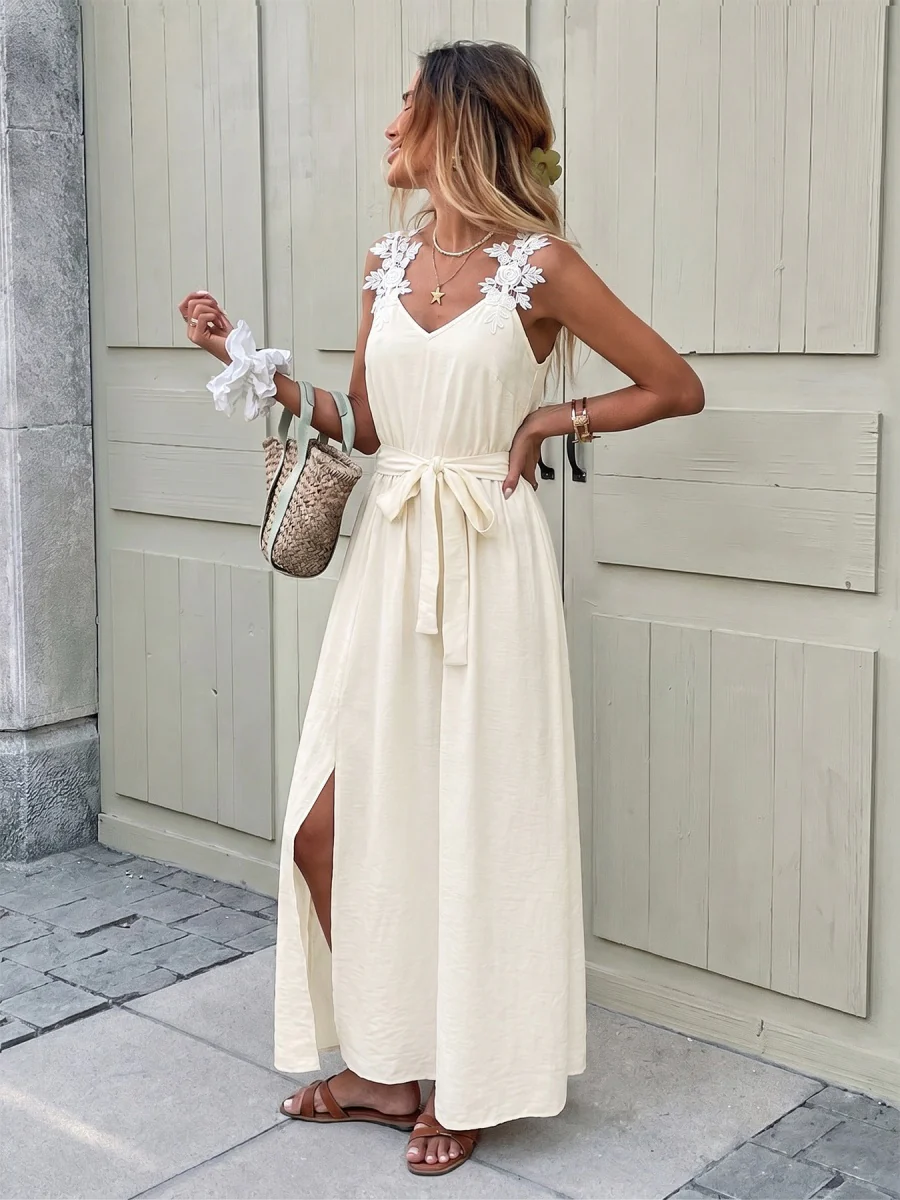 Embroidered Lace Patchwork Slit Bandage Maxi Dresses