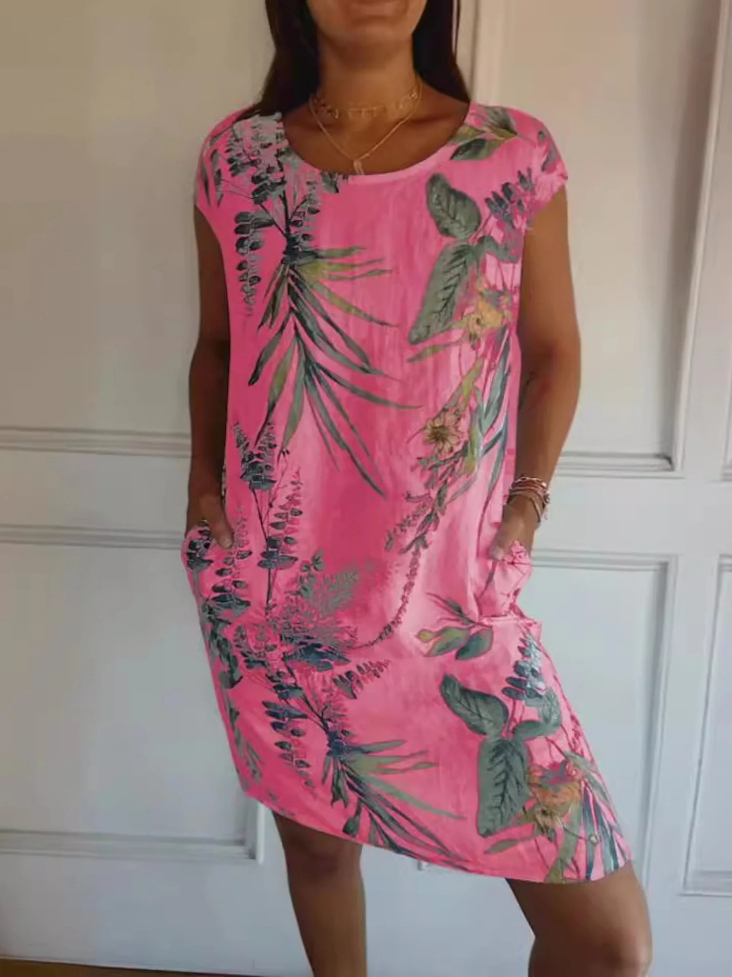 Printed Cotton And Linen Pocket Crew Neck Short Sleeve Mini&Short Dresses - Image 2