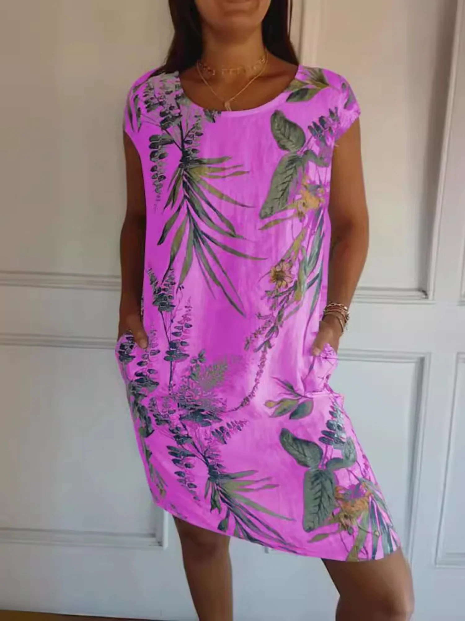 Printed Cotton And Linen Pocket Crew Neck Short Sleeve Mini&Short Dresses - Image 3