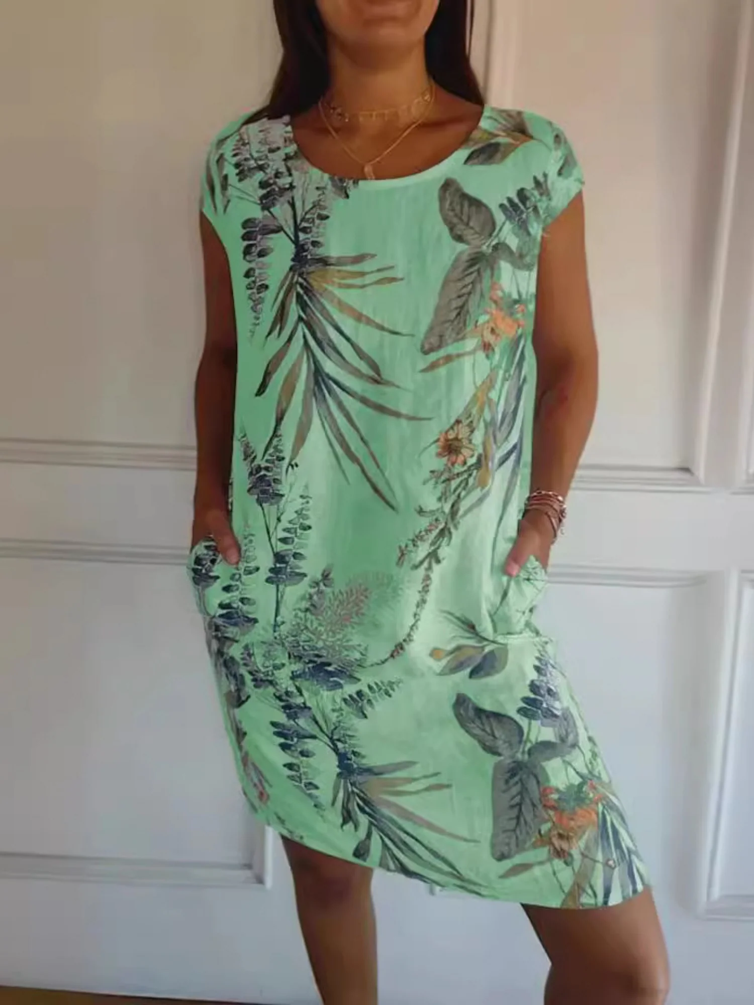 Printed Cotton And Linen Pocket Crew Neck Short Sleeve Mini&Short Dresses - Image 4