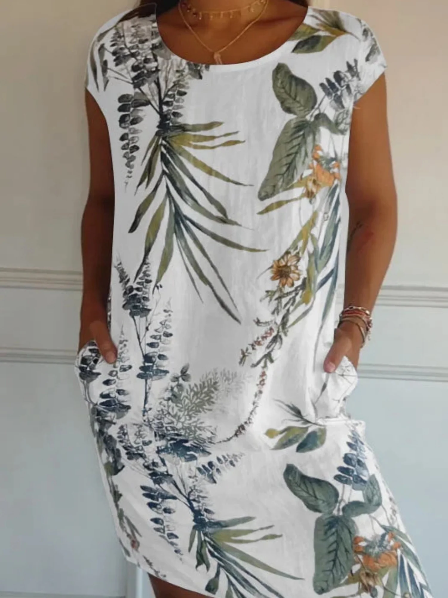 Printed Cotton And Linen Pocket Crew Neck Short Sleeve Mini&Short Dresses - Image 5