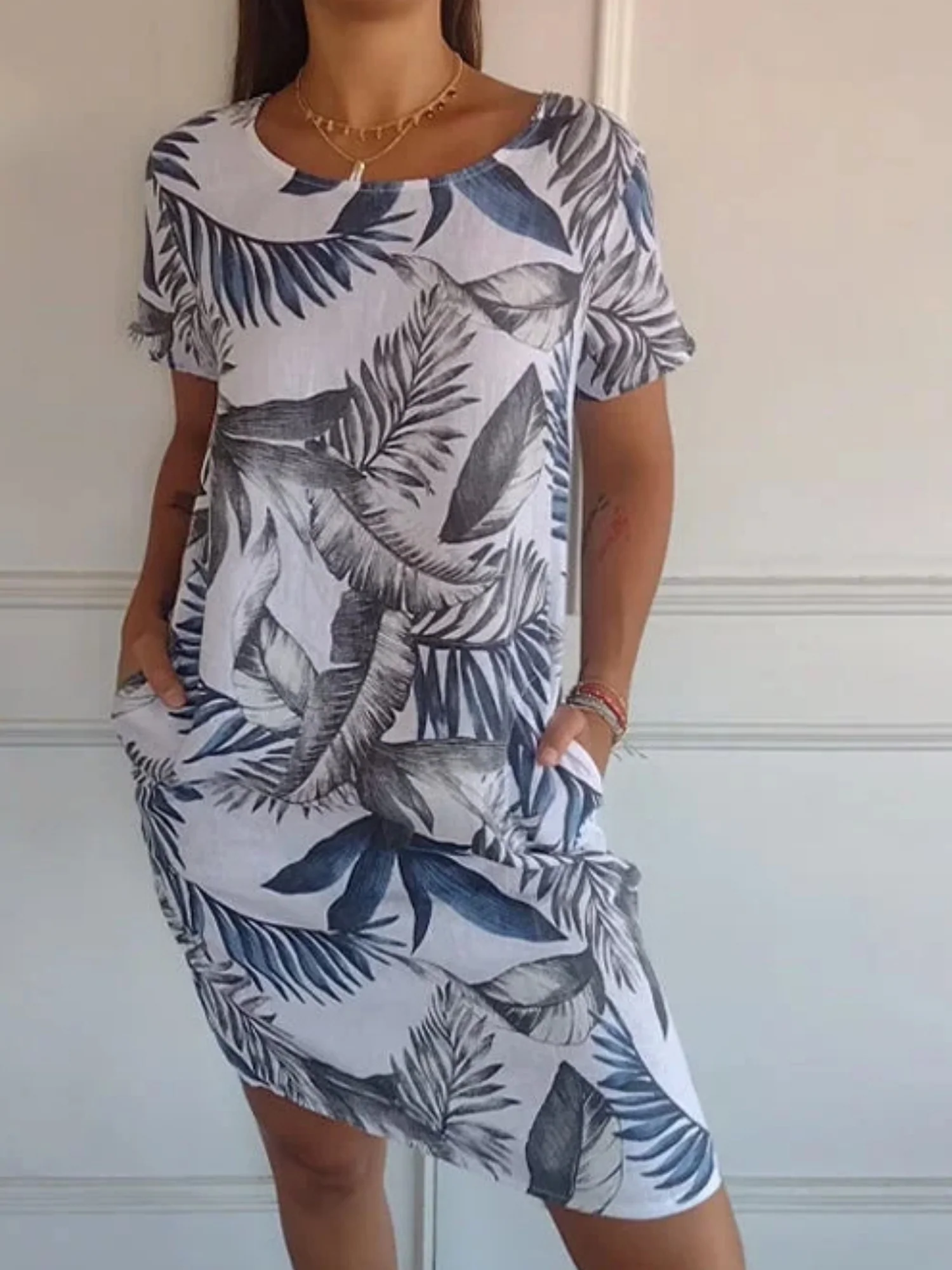Printed Cotton And Linen Pocket Crew Neck Short Sleeve Mini&Short Dresses - Image 6