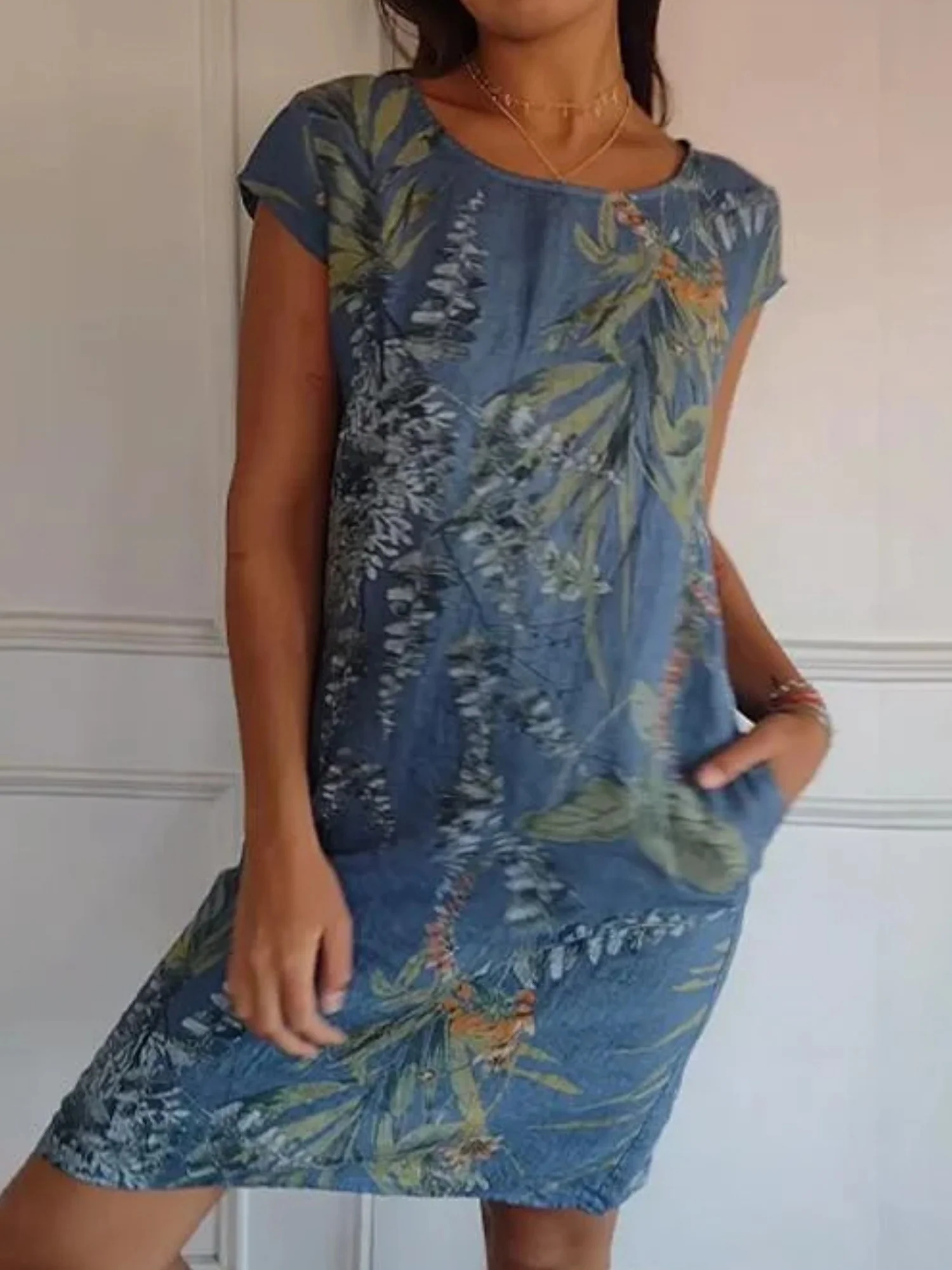 Printed Cotton And Linen Pocket Crew Neck Short Sleeve Mini&Short Dresses - Image 7