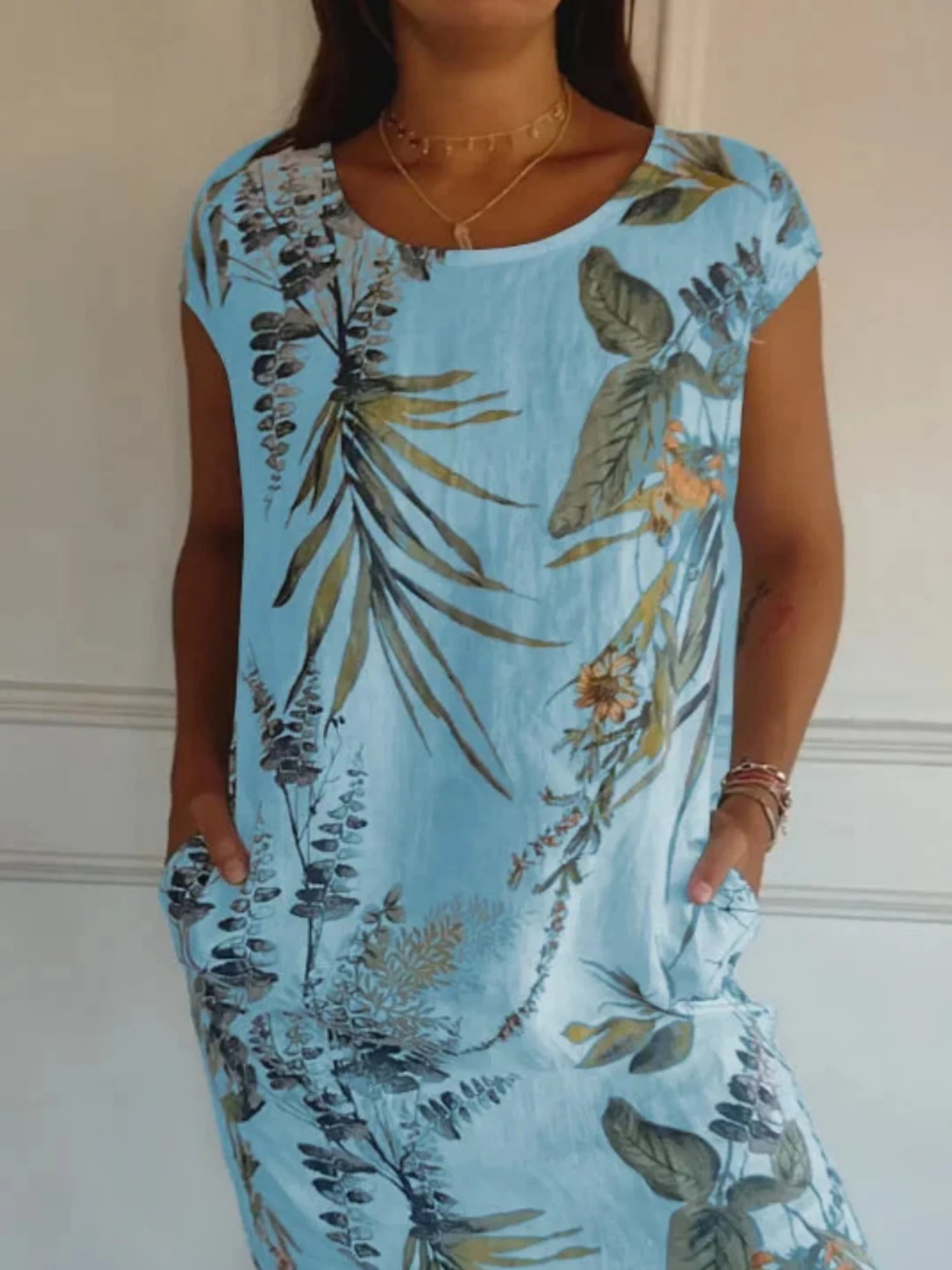 Printed Cotton And Linen Pocket Crew Neck Short Sleeve Mini&Short Dresses - Image 8