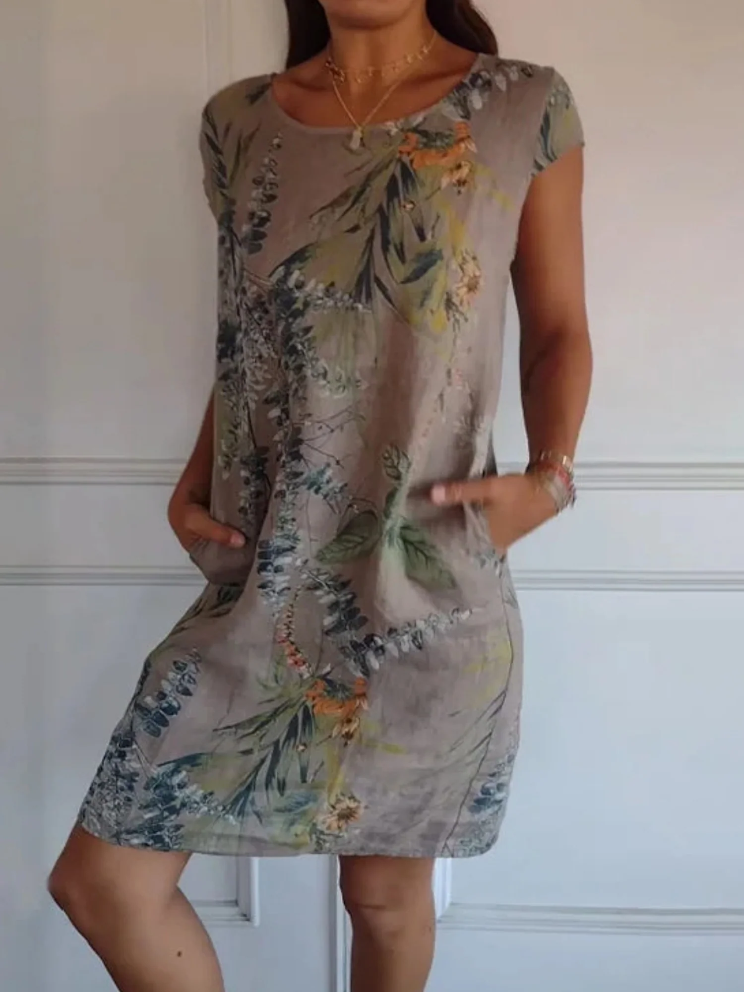 Printed Cotton And Linen Pocket Crew Neck Short Sleeve Mini&Short Dresses - Image 9