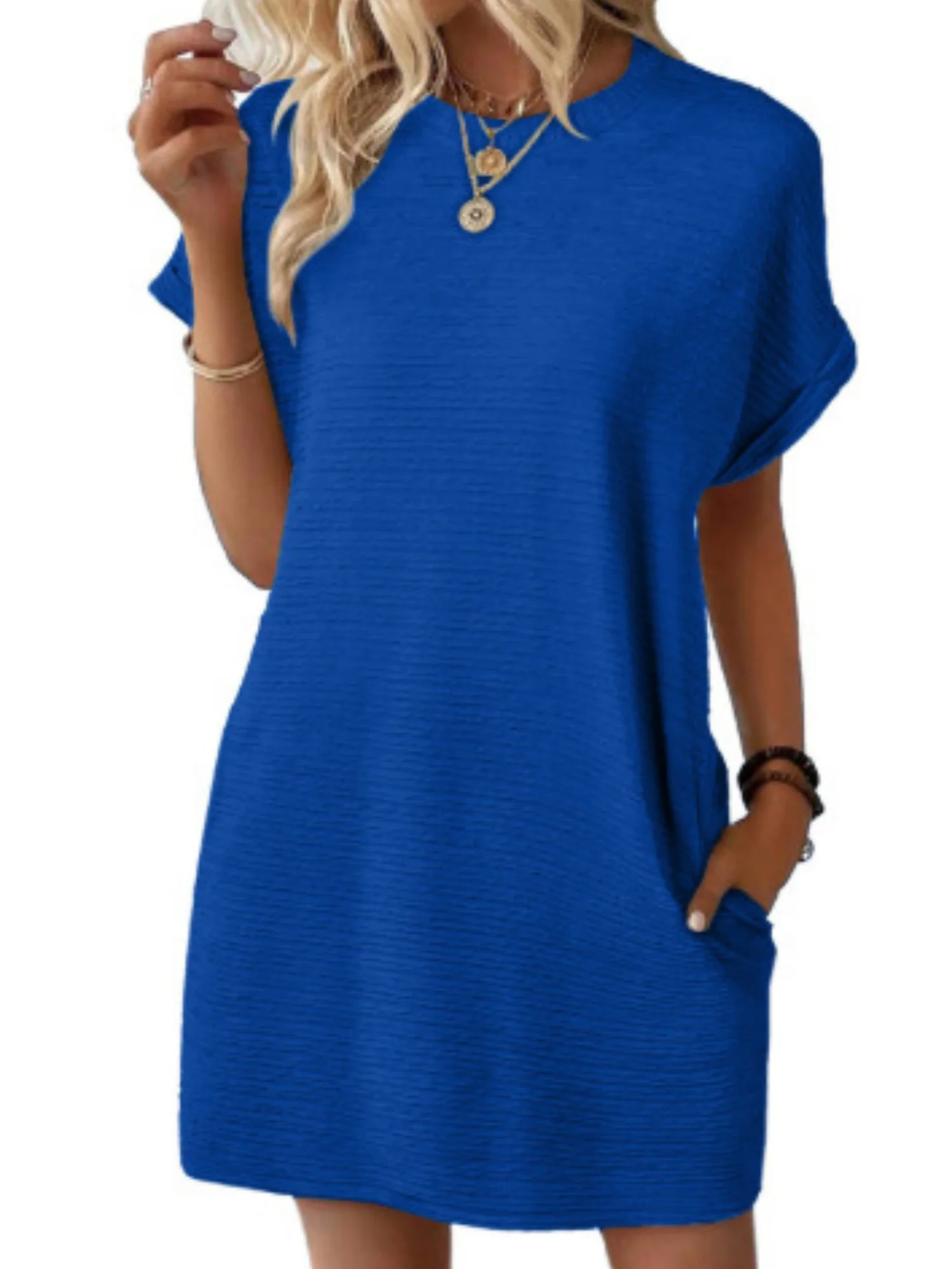 Pocket Crew Neck Short Sleeve Loose-fit Mini&Short Dresses - Image 3