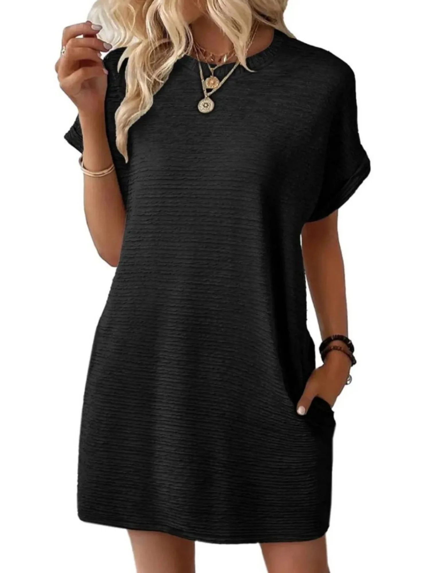 Pocket Crew Neck Short Sleeve Loose-fit Mini&Short Dresses - Image 4