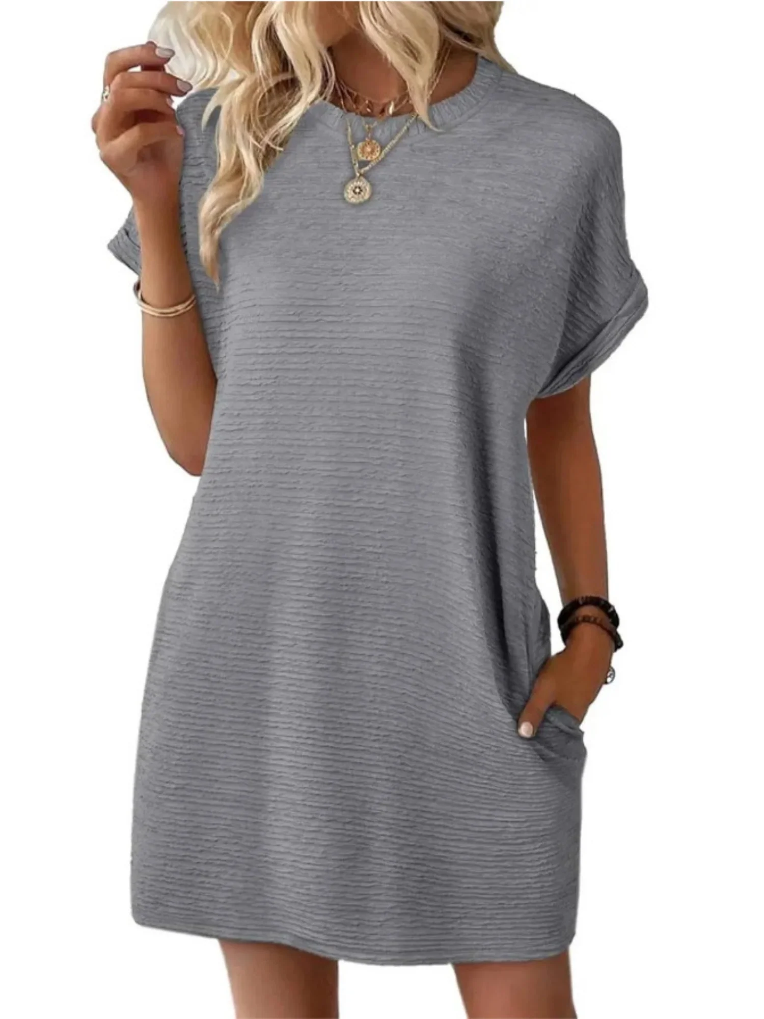 Pocket Crew Neck Short Sleeve Loose-fit Mini&Short Dresses - Image 5