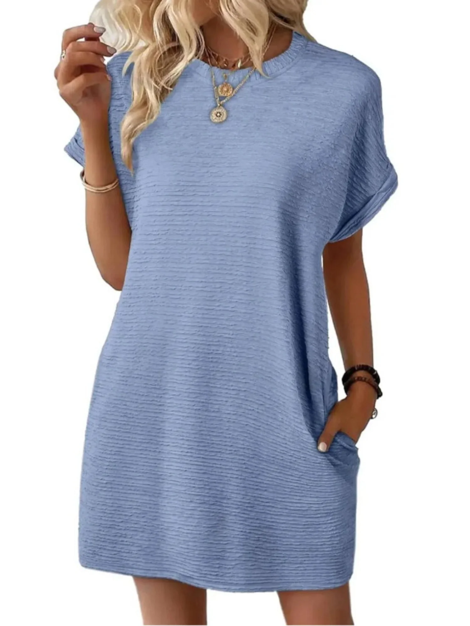Pocket Crew Neck Short Sleeve Loose-fit Mini&Short Dresses - Image 7