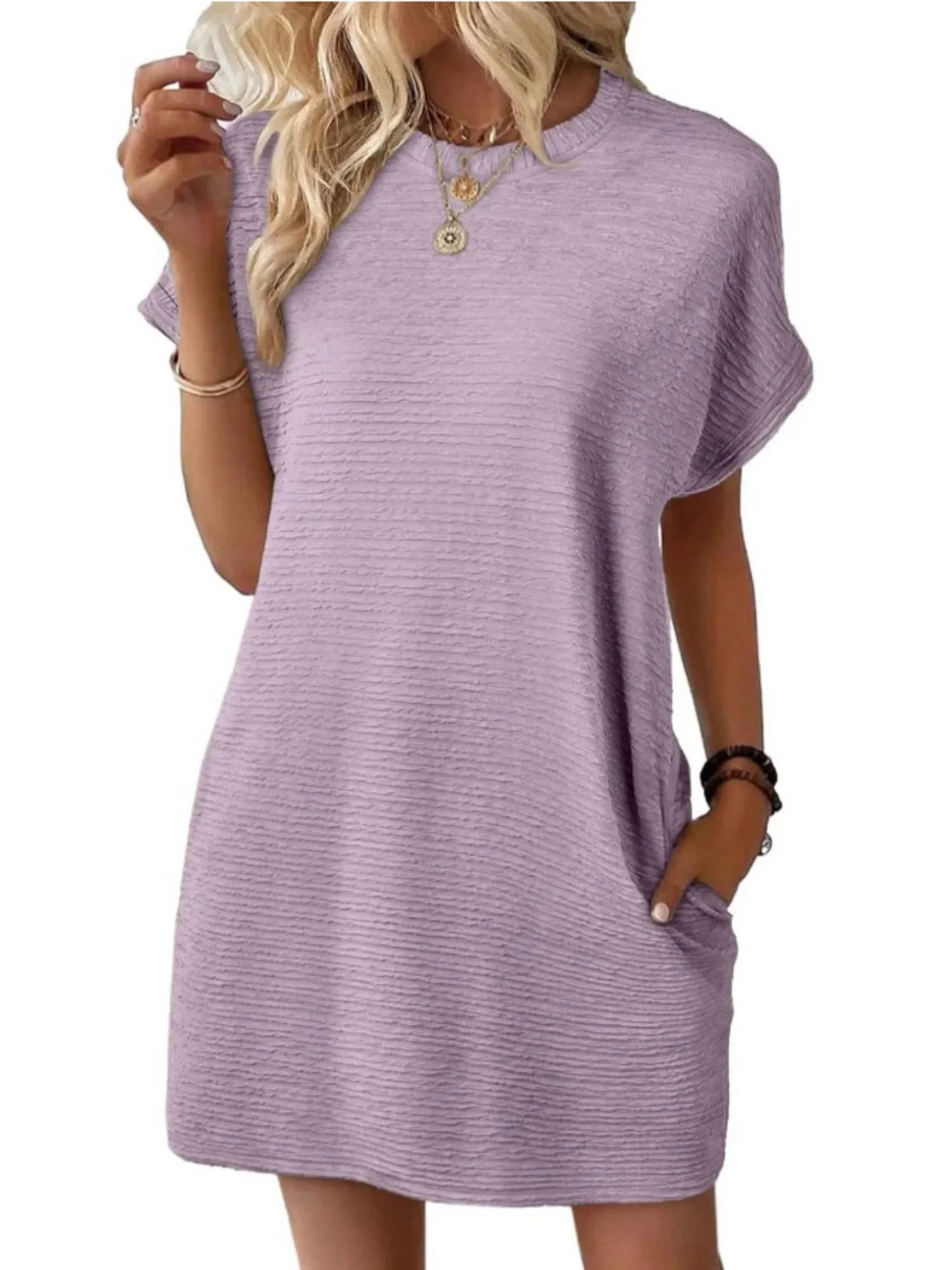 Pocket Crew Neck Short Sleeve Loose-fit Mini&Short Dresses - Image 9