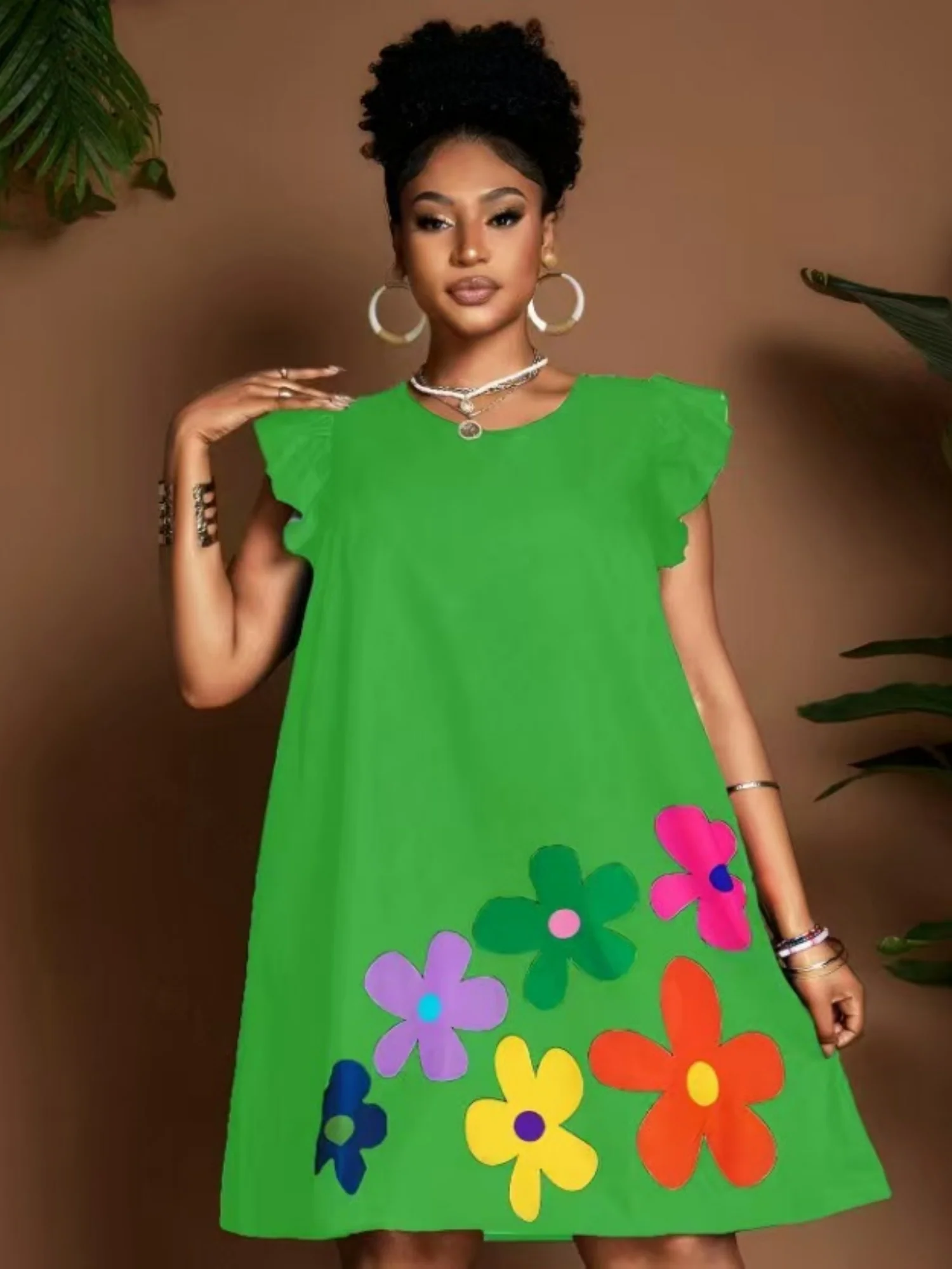 Floral Print Round Neck And Flutter Sleeves Mini&Short Dresses - Image 5