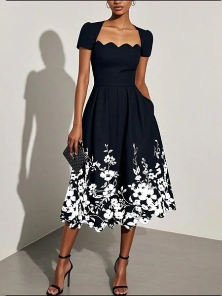 Floral Print Square Neck Midi Dress - Image 3