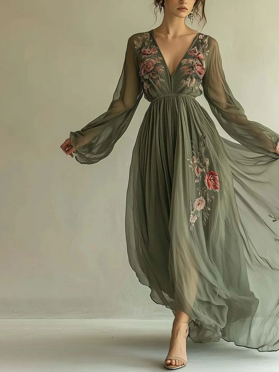 Floral Digital Positioning Printing Long-sleeved V-neck Long Dress - Image 3