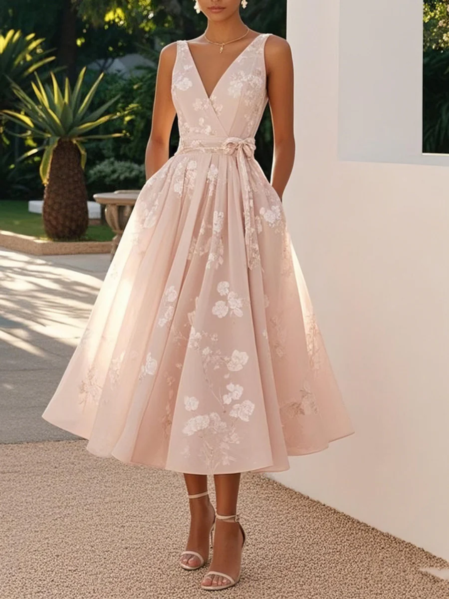 Floral Print Sleeveless Vest With V-neck Maxi Dresses