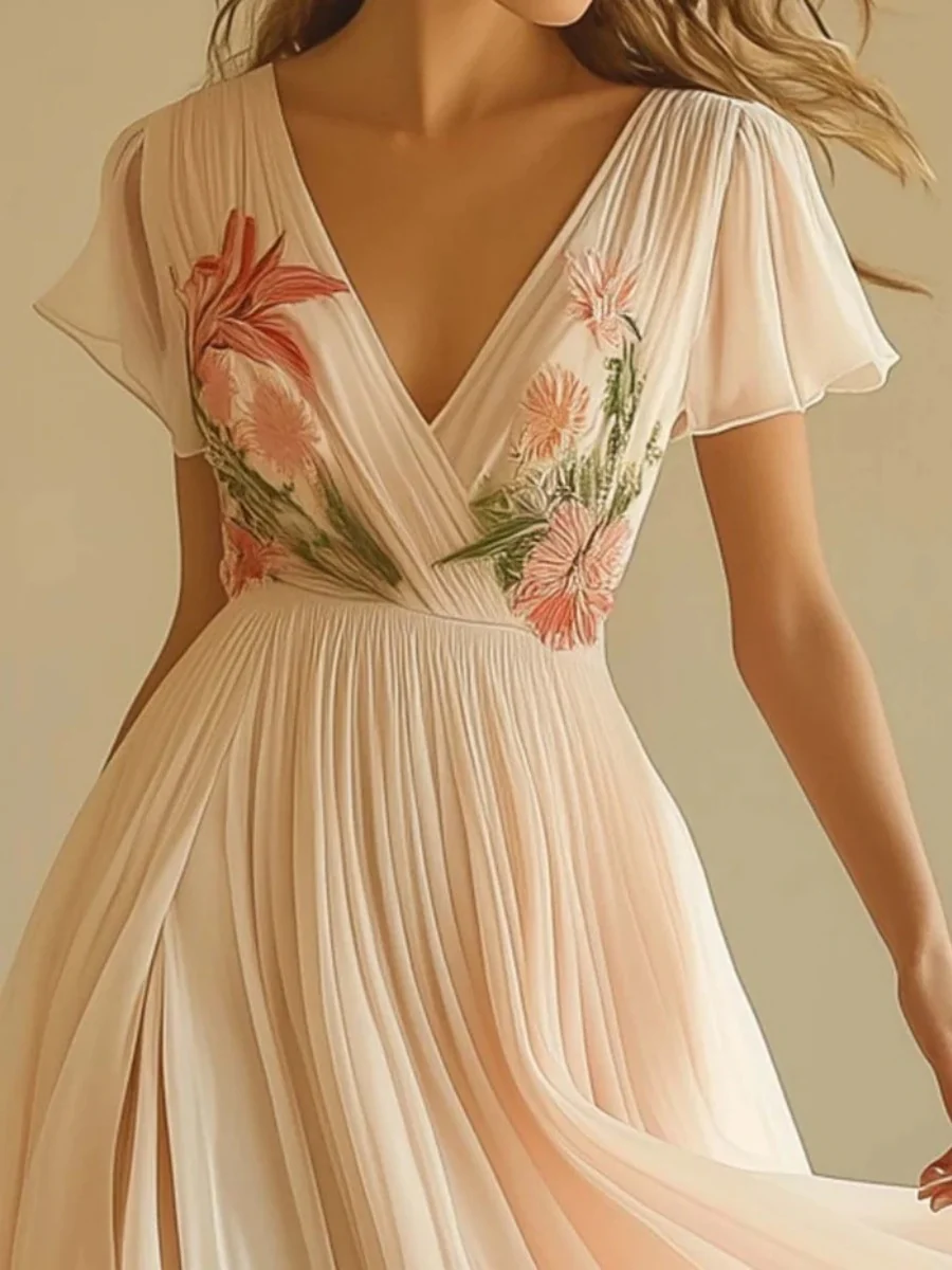 Floral Print V-neck Short Sleeve Maxi Dresses - Image 4