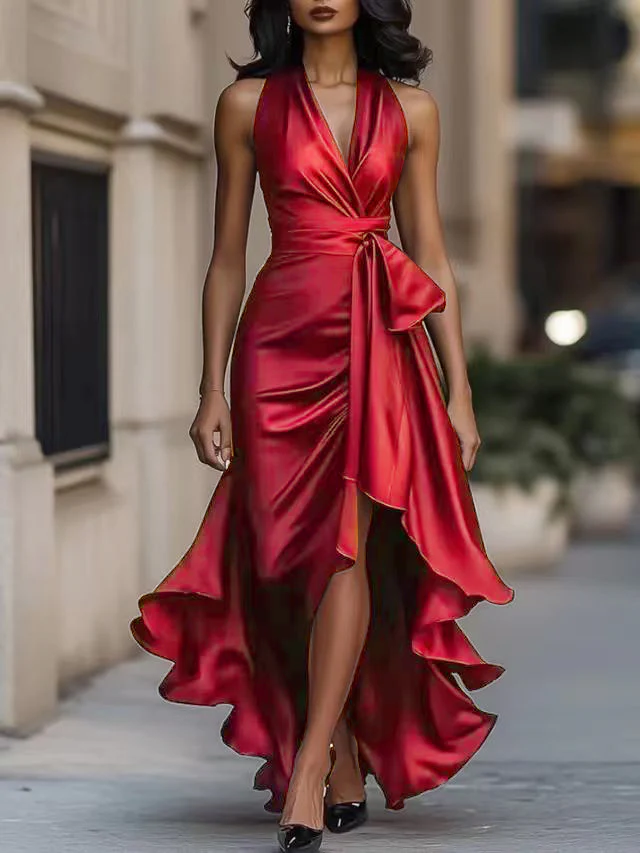 V-neck Irregular Ruffle Lightweight Maxi Dresses - Image 4