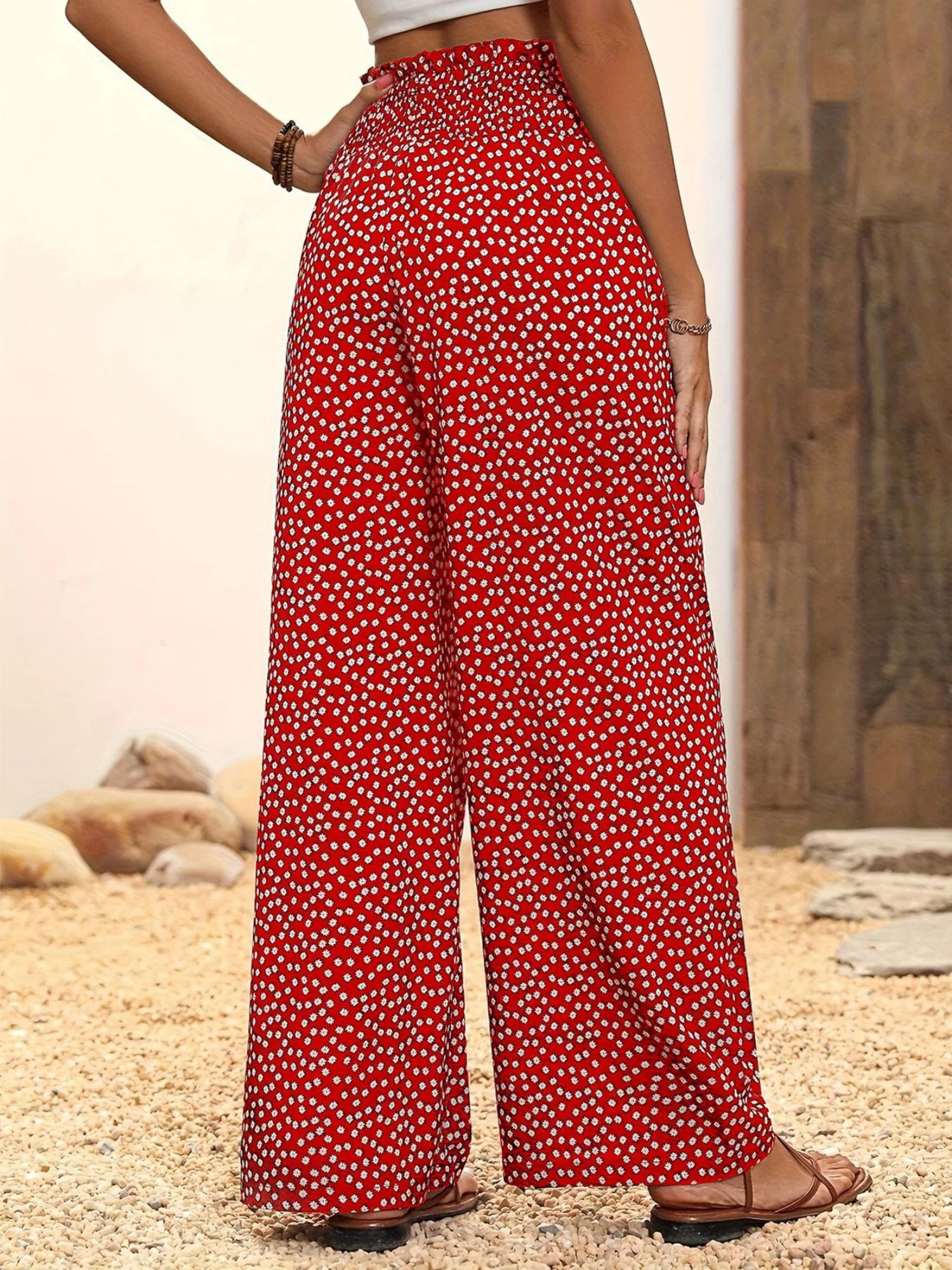 Printed Elastic Waistband High-waisted Loose-fit Pants - Image 2