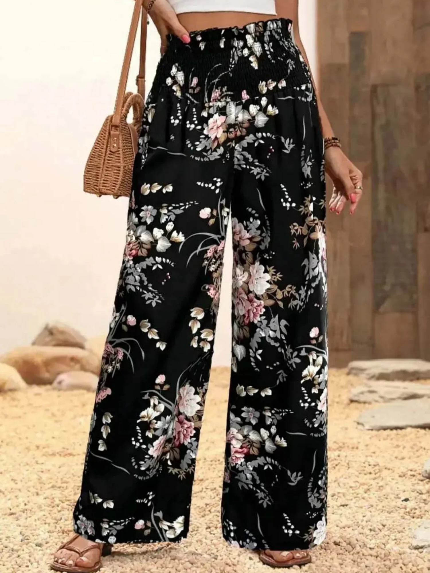 Printed Elastic Waistband High-waisted Loose-fit Pants - Image 5
