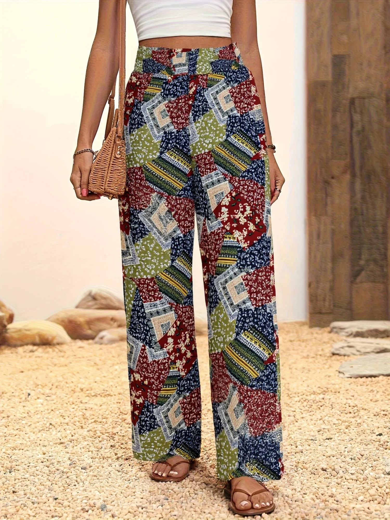 Printed Elastic Waistband High-waisted Loose-fit Pants - Image 6