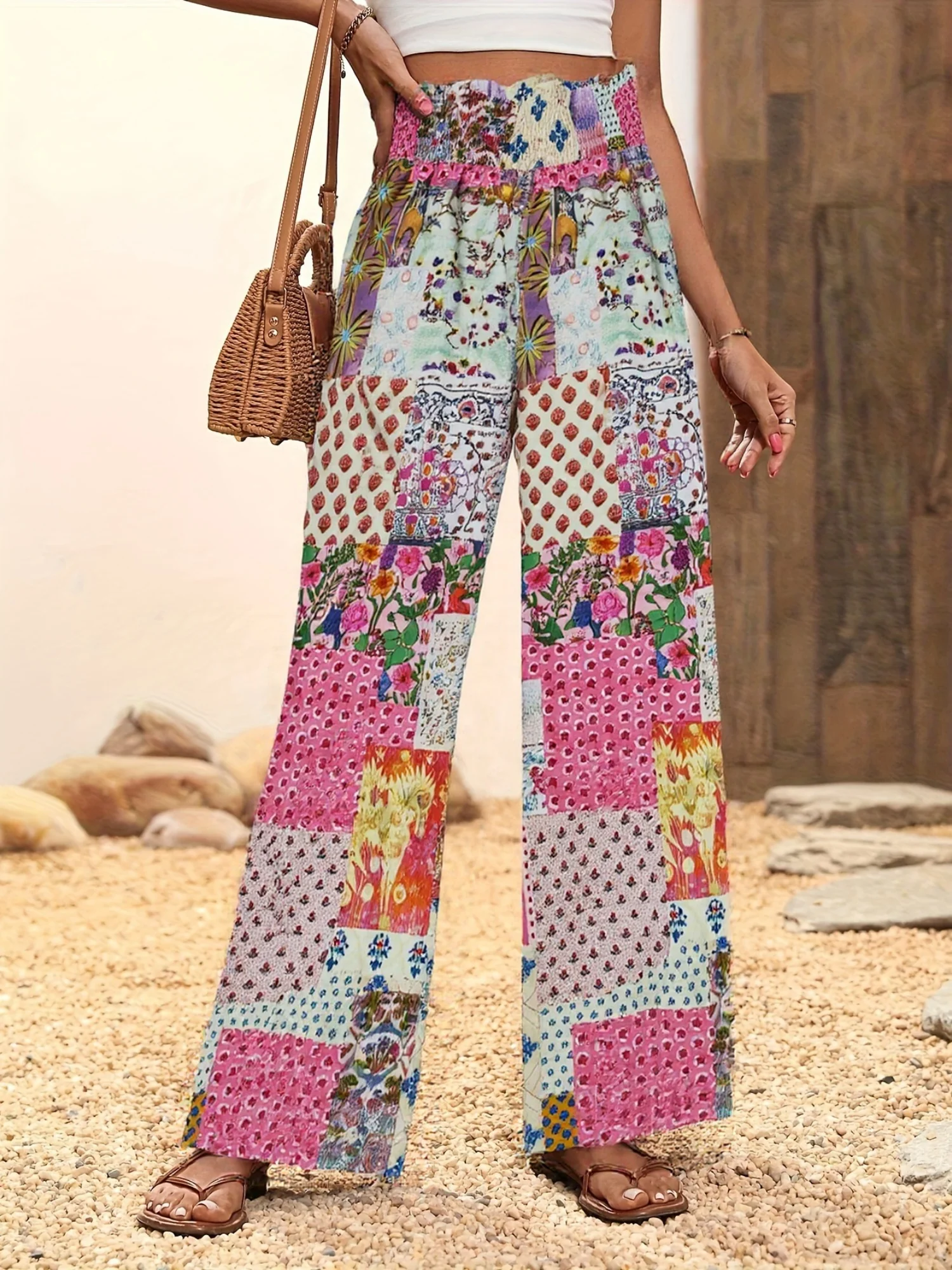 Printed Elastic Waistband High-waisted Loose-fit Pants - Image 8