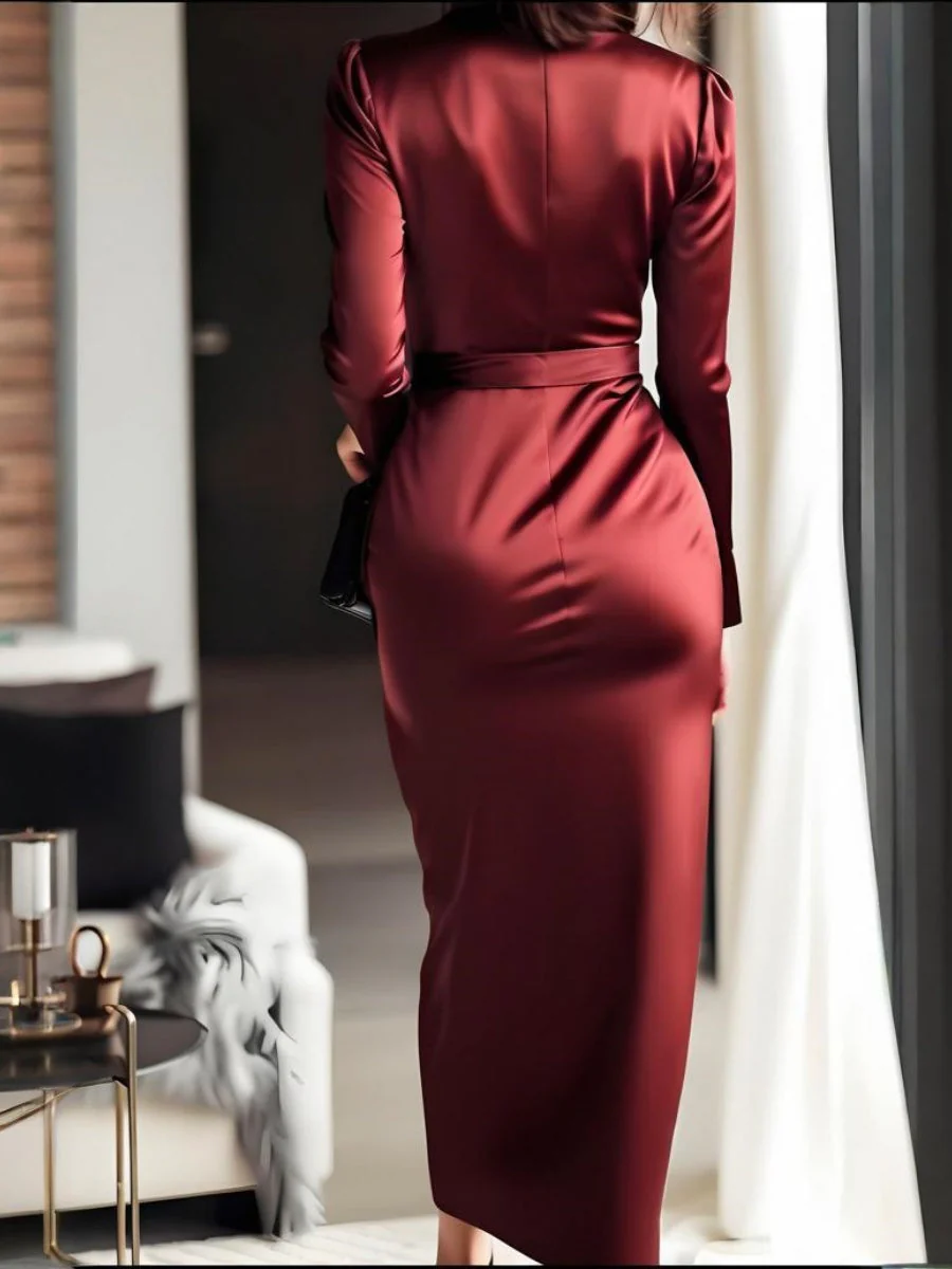 Long-sleeved V-neck Wrap Style Satin Waist Cinching With Straps Elegant And Formal Evening Wear: Midi Dress - Image 2
