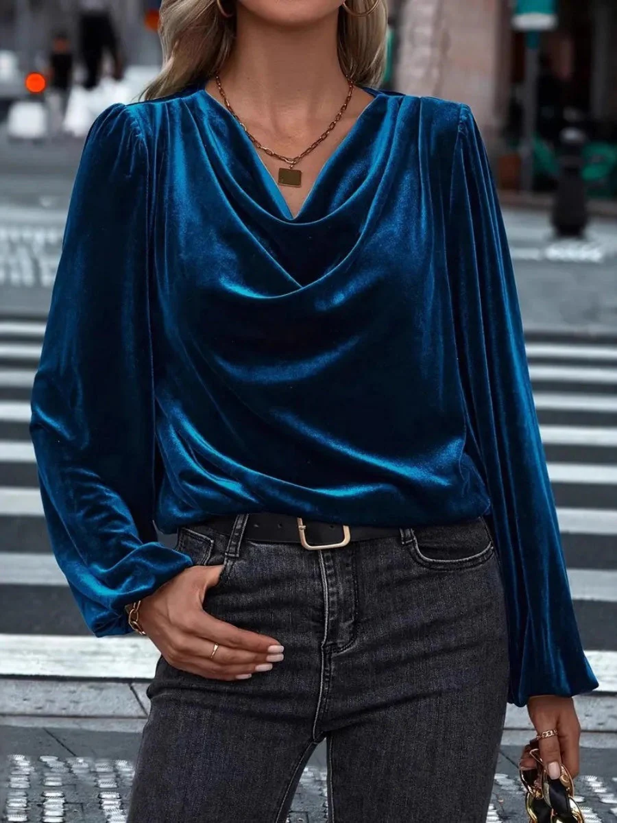 Pullover Collar Velvet Long Sleeve Pleated Grace Blouse