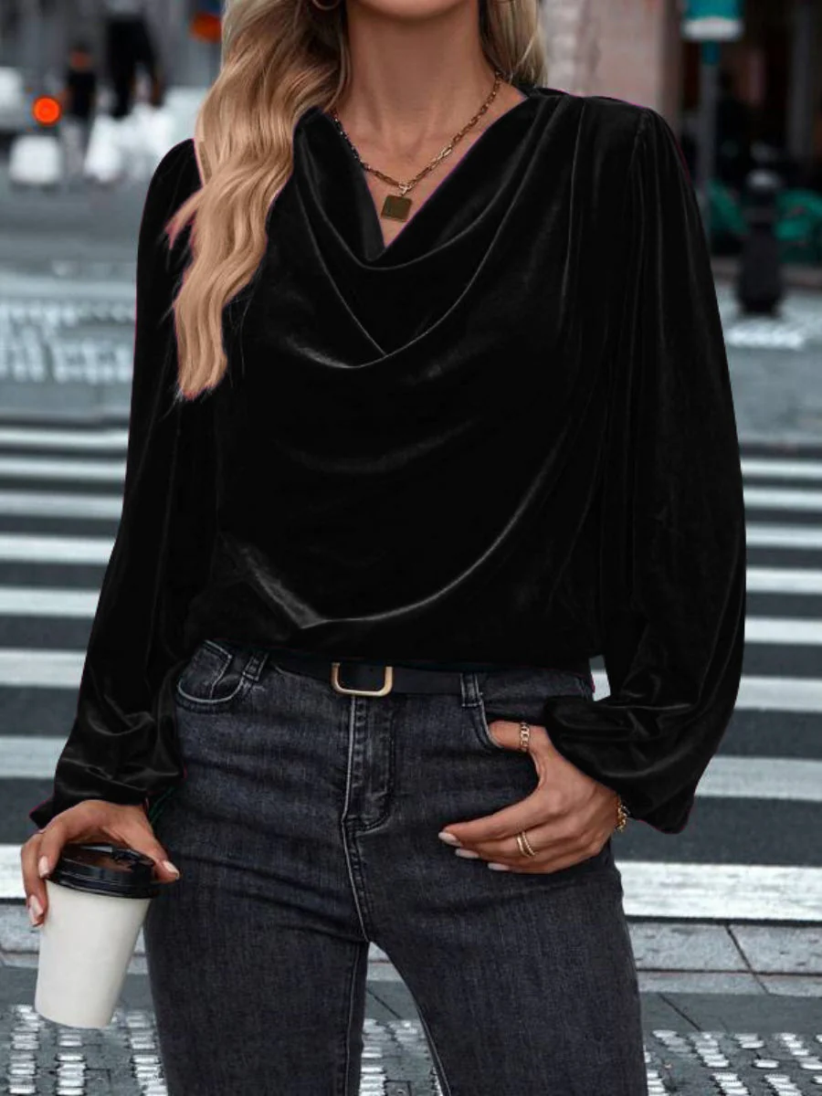 Pullover Collar Velvet Long Sleeve Pleated Grace Blouse - Image 2