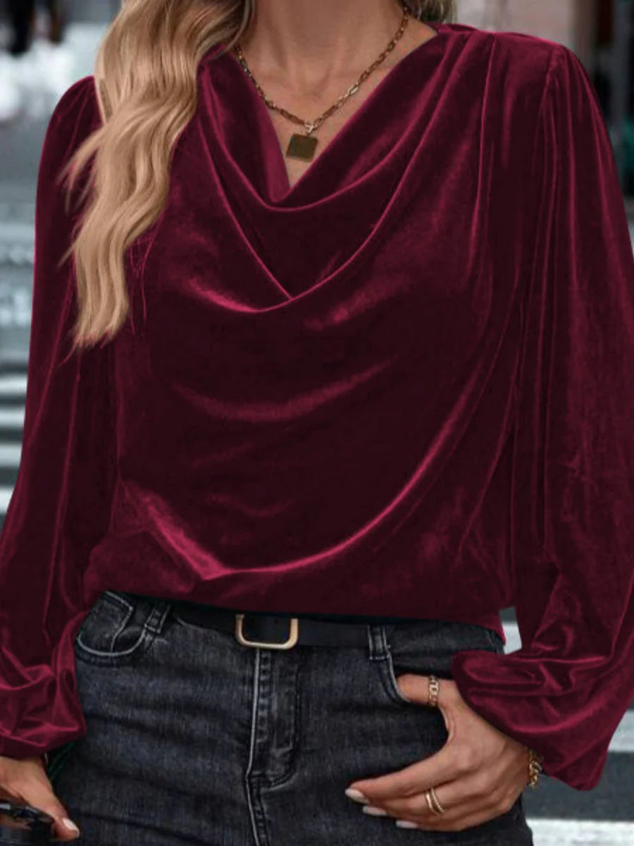 Pullover Collar Velvet Long Sleeve Pleated Grace Blouse - Image 4